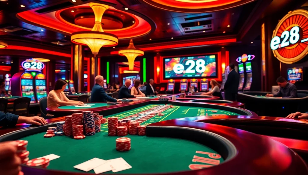 High-stakes action in a vibrant casino showcasing "e28" on digital screens, surrounded by players at gaming tables.