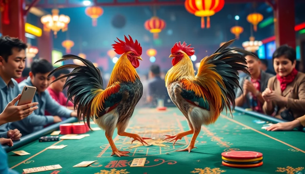 Exciting đá gà 88aa action captured as two roosters battle in a bustling online betting environment.