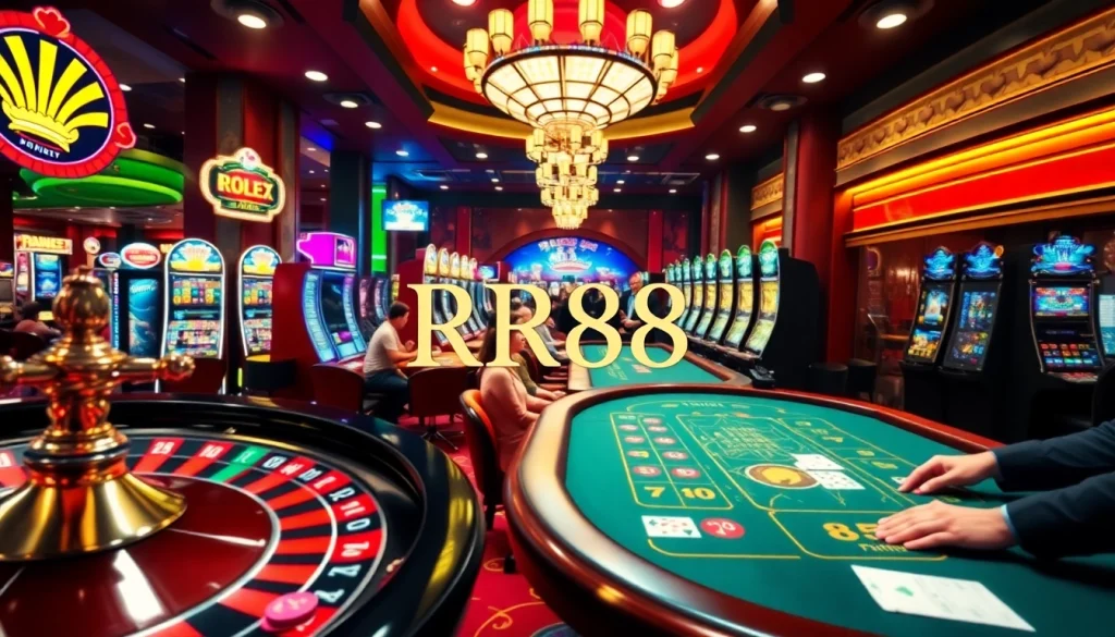Experience the thrill of RR88 casino with vibrant games, roulette, and exciting players at the tables.