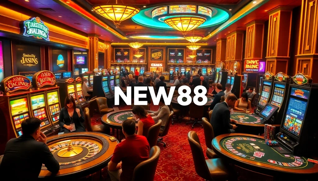 NEW88 brings excitement to online gaming with vibrant slot machines and engaging players at casino tables.