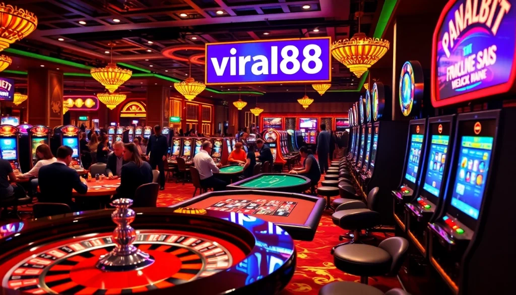 Engage in the vibrant casino atmosphere featuring "viral88" at the roulette table, with players immersed in excitement.