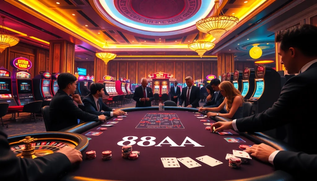 88AA inspired casino scene showcasing thrilling poker games and vibrant slot machines.