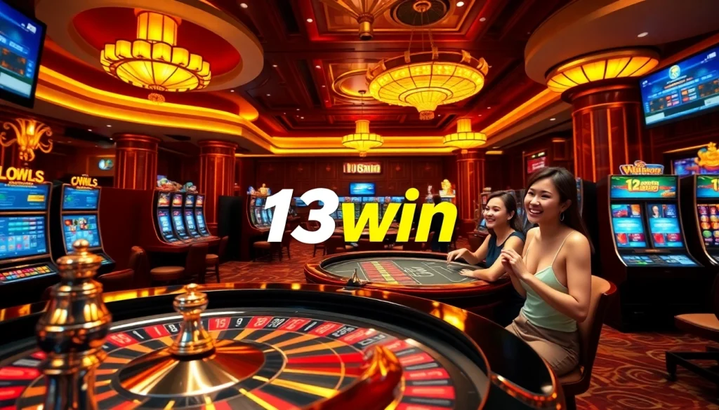 13win casino showcasing players enjoying warm, inviting slot machines and poker tables in a vibrant online gambling setting.