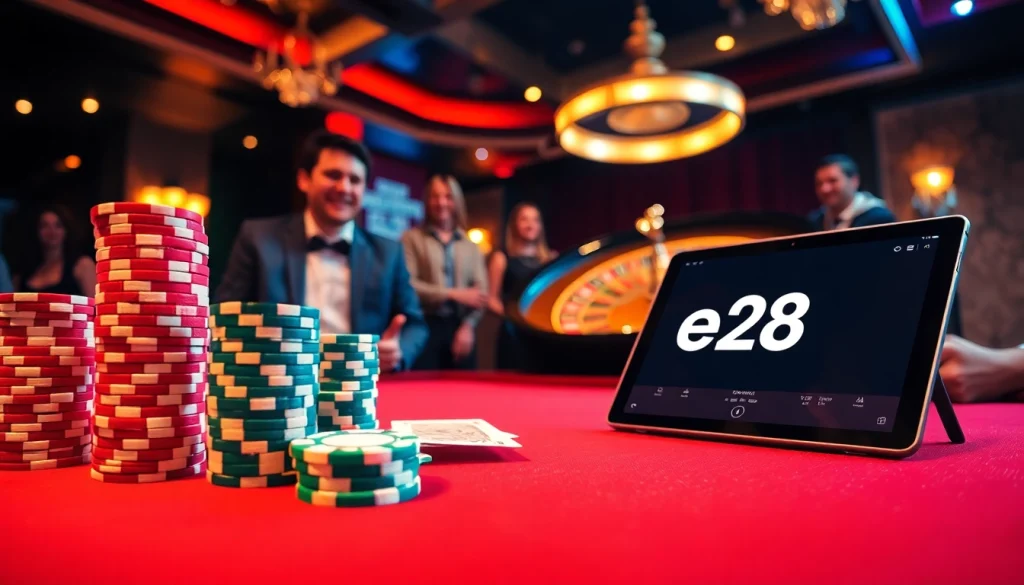Experience the thrilling action at a poker table in a casino, with e28 chips stacked high and players in intense concentration.