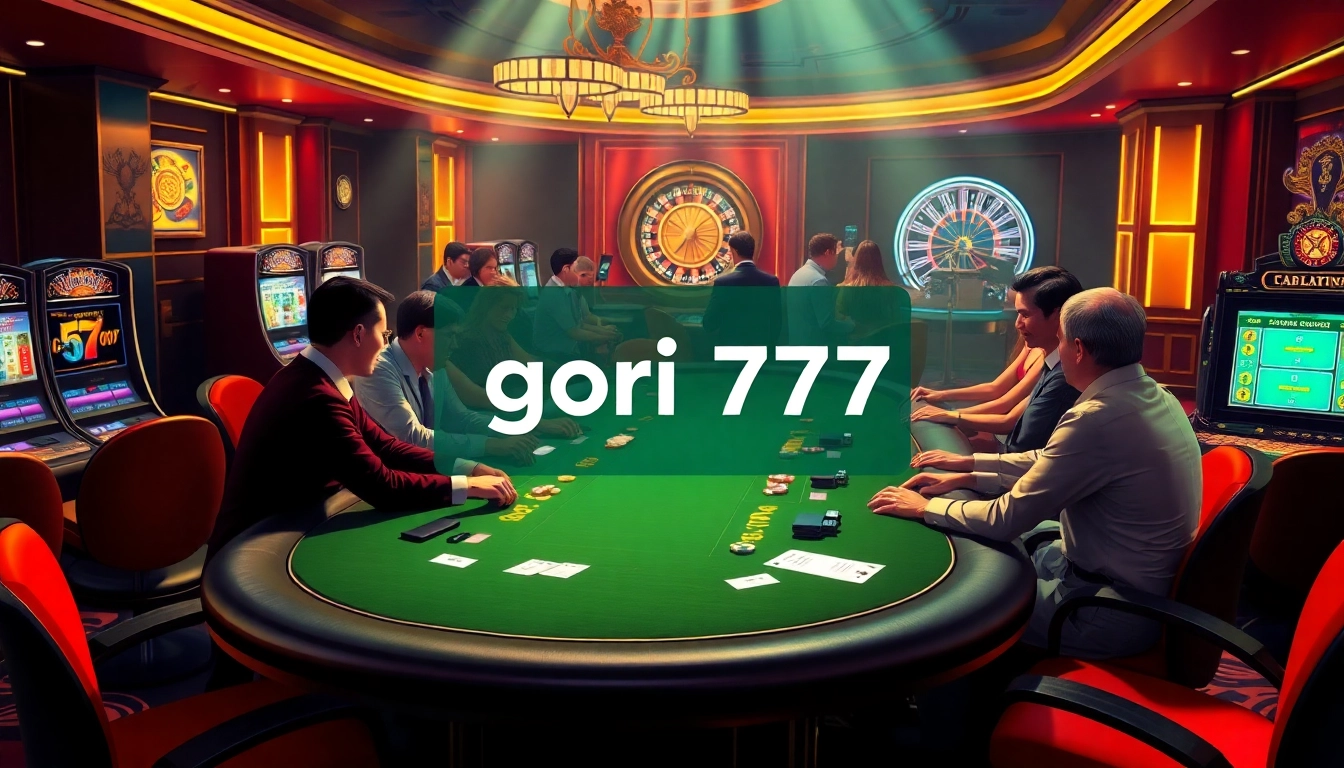 Experience the thrill of gori77 at a glamorous casino table game, surrounded by vibrant slot machines and cheering players.