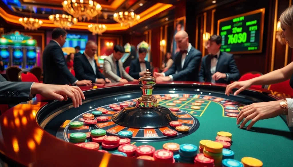 Experience the thrill of roulette at https://78win.school/, where players bet on vibrant chips in a luxurious casino atmosphere.
