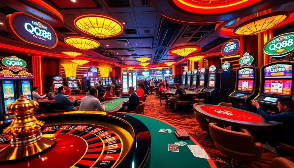 Experience the thrill of QQ88 in a vibrant casino, showcasing players celebrating their wins at roulette and poker tables.