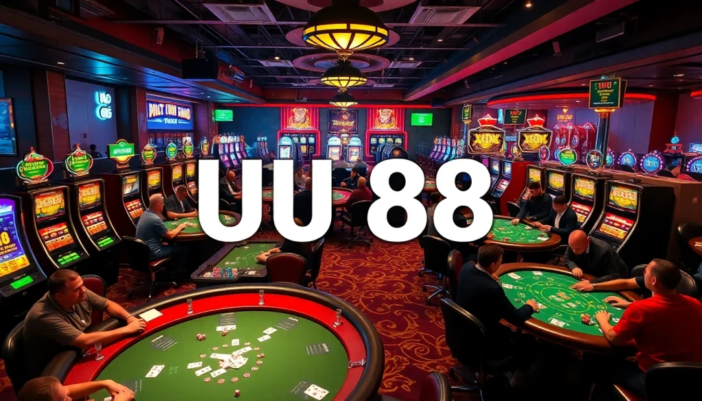 Experience the thrill of gambling at UU 88 Casino, showcasing lively games of poker and blackjack under bright neon lights.