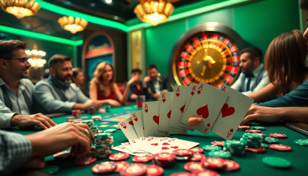 Experience red88 excitement at a poker table filled with colorful chips and players celebrating a winning hand.